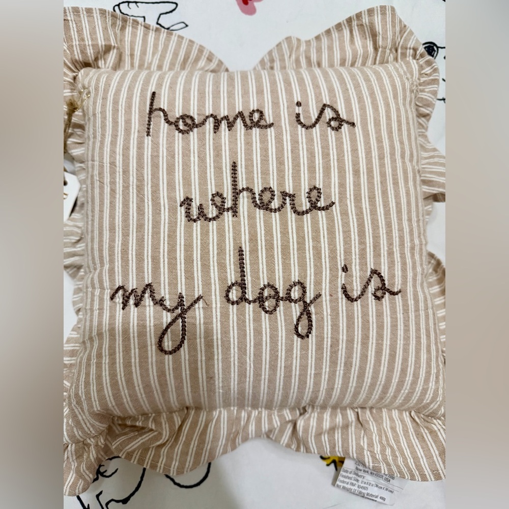 Home Is Where My Dog Is Striped Pinstripe Decorative Pillow Ruffles Embroidered - Picture 3 of 5